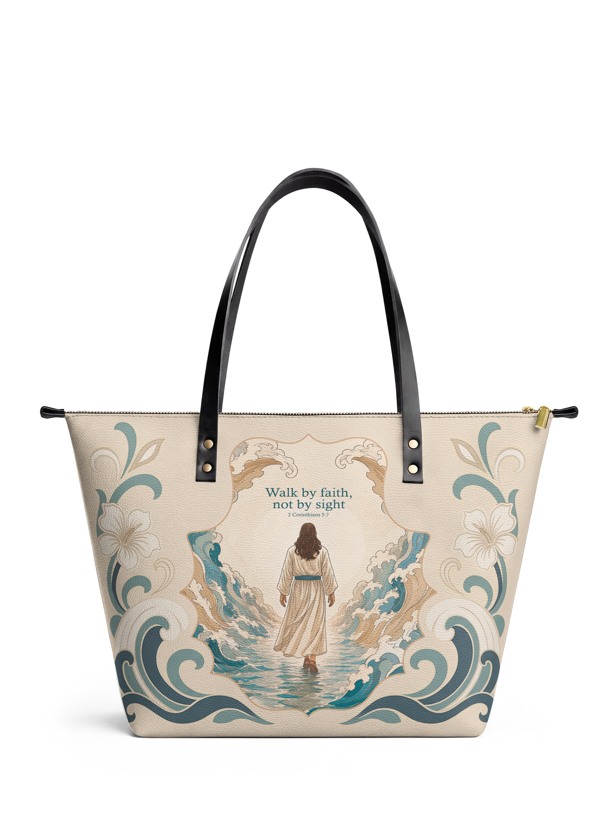 Walk By Faith Bible Verse Leather Tote Bag
