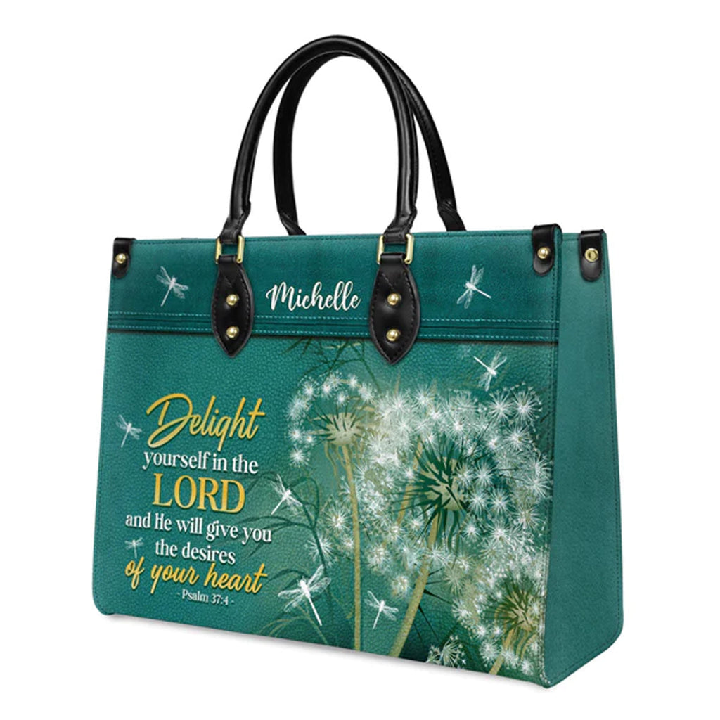 Psalm 37:4 Dandelion Dragonfly Leather Tote