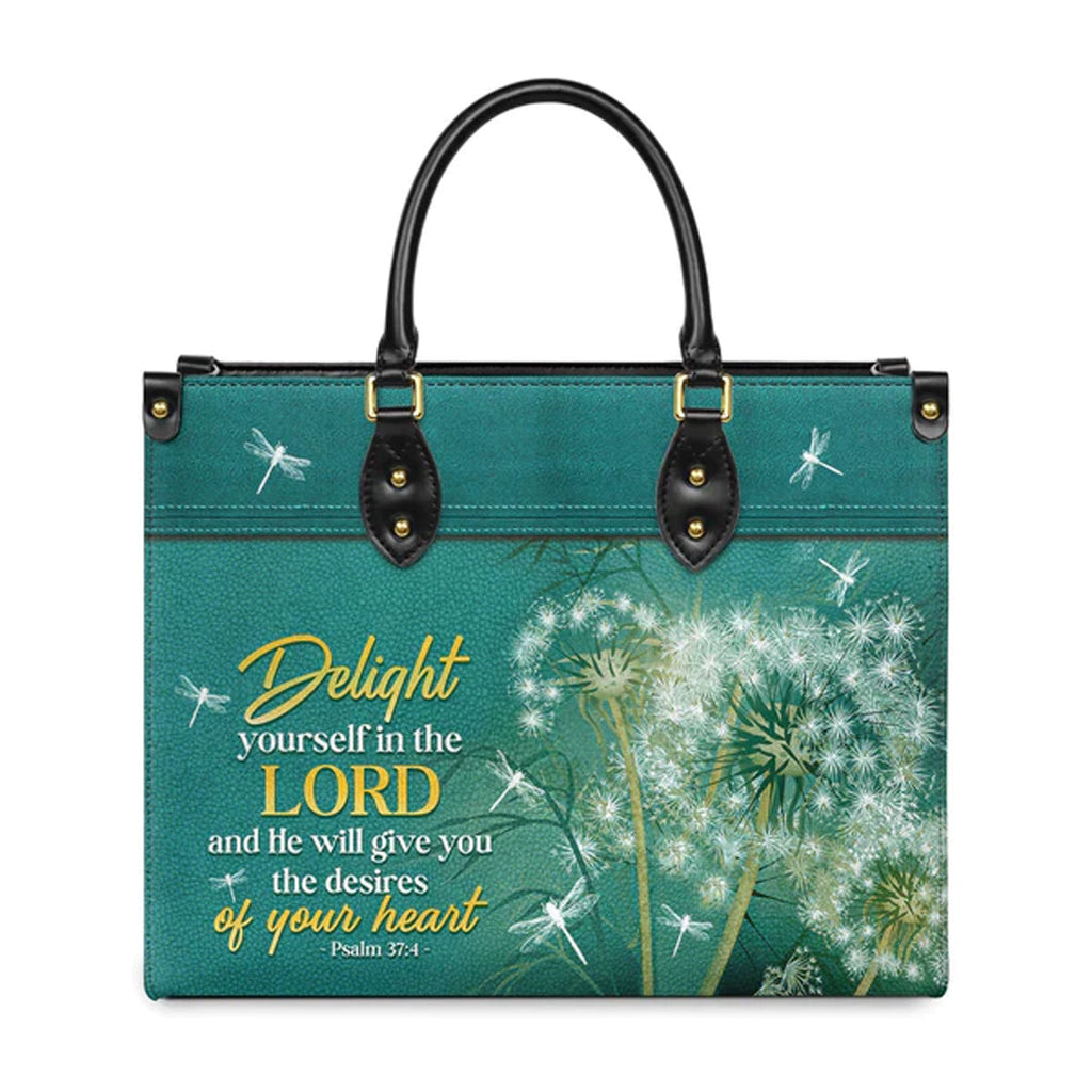 Psalm 37:4 Dandelion Dragonfly Leather Tote