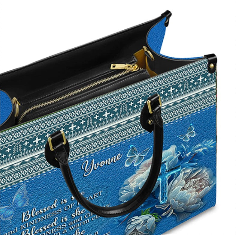 Blessed Is She Personalized Blue Leather Handbag