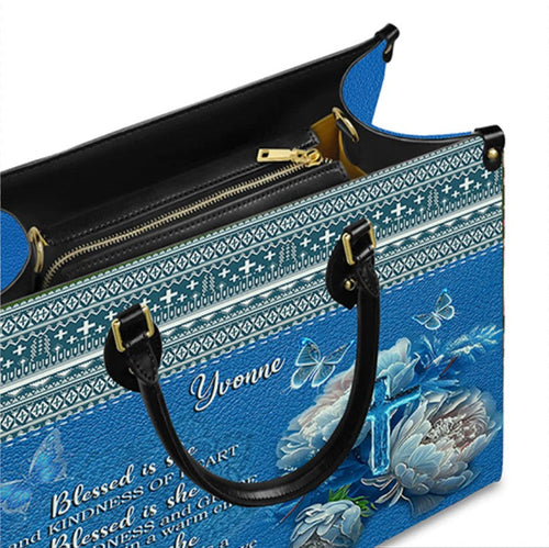 Blessed Is She Personalized Blue Leather Handbag