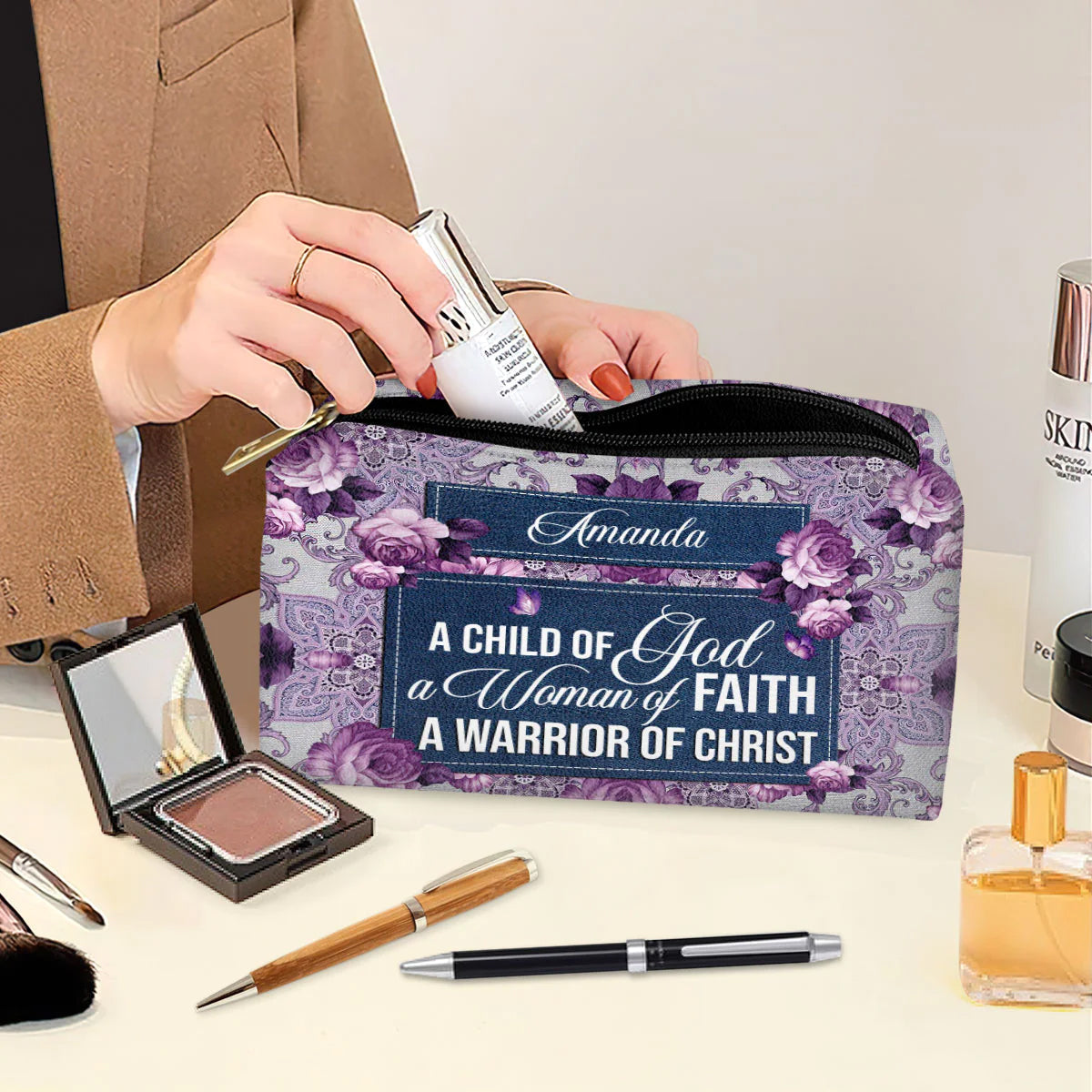 A Child Of God Personalized Leather Cosmetic Bag
