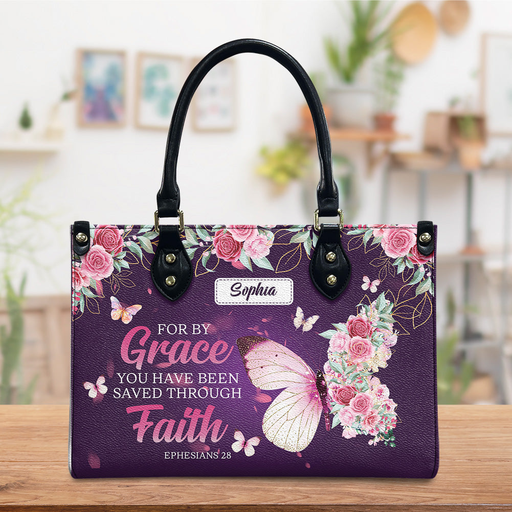 Ephesians 2:8 Floral Butterfly Leather Handbag