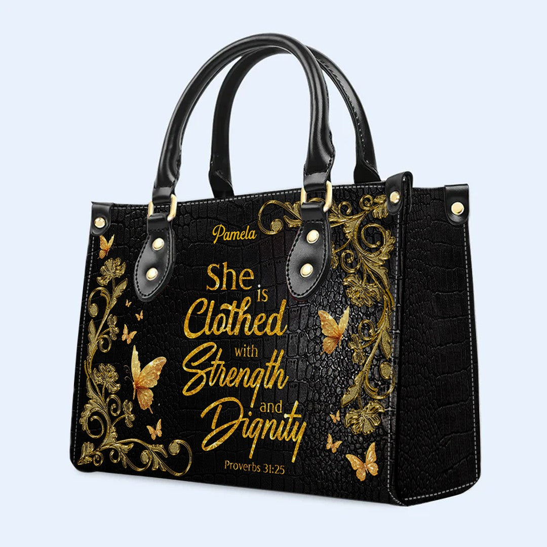 Personalized Proverbs 31:25 Leather Handbag