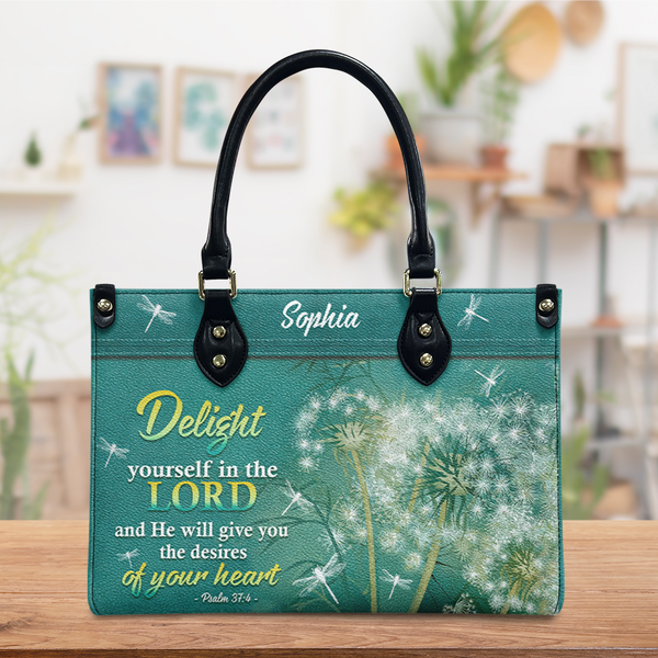 Psalm 37:4 Dandelion Dragonfly Leather Bag