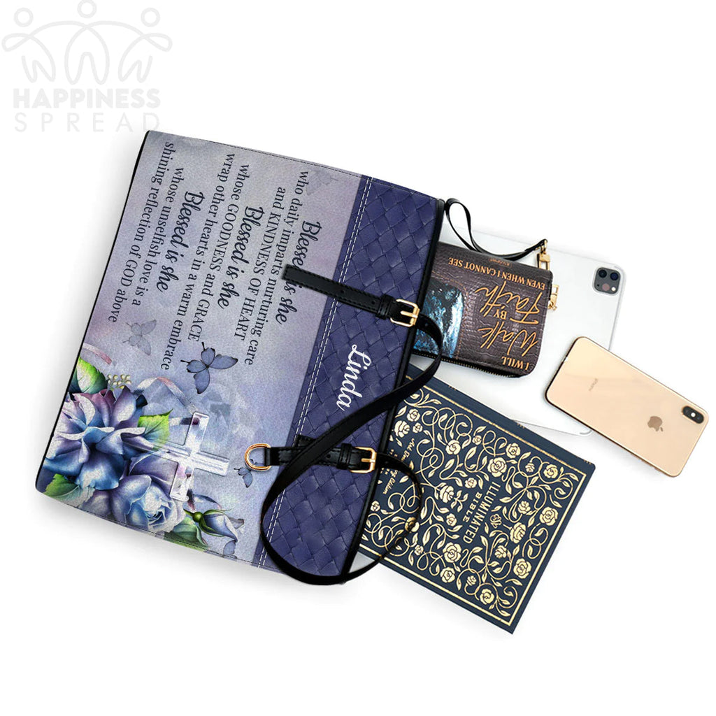 Blessed Is She Personalized Leather Tote Bag