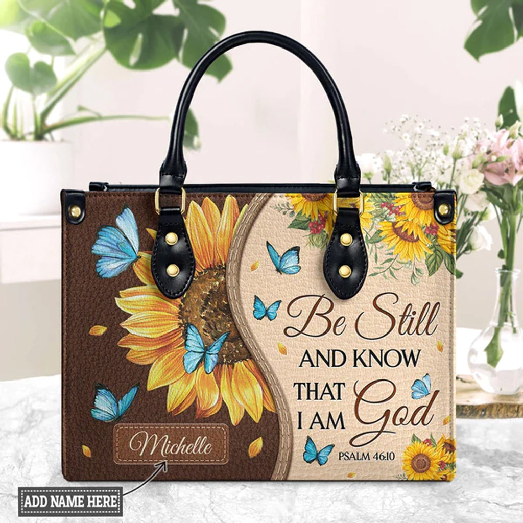 Psalm 46:10 Sunflower Butterfly Leather Tote