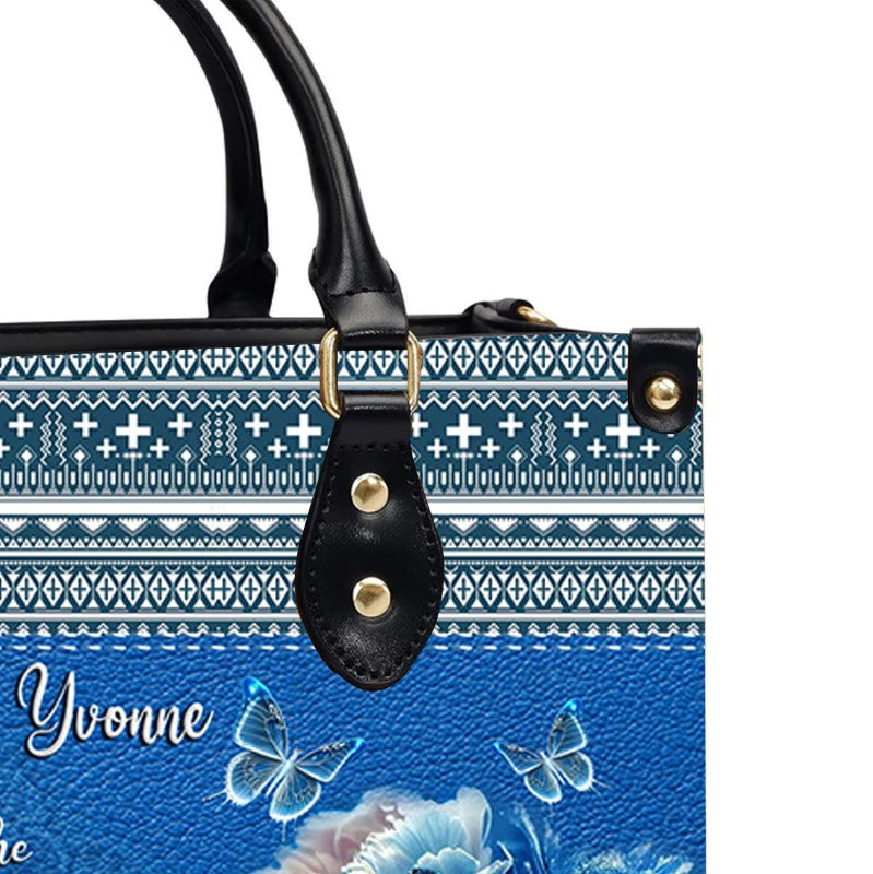 Blessed Is She Personalized Blue Leather Handbag