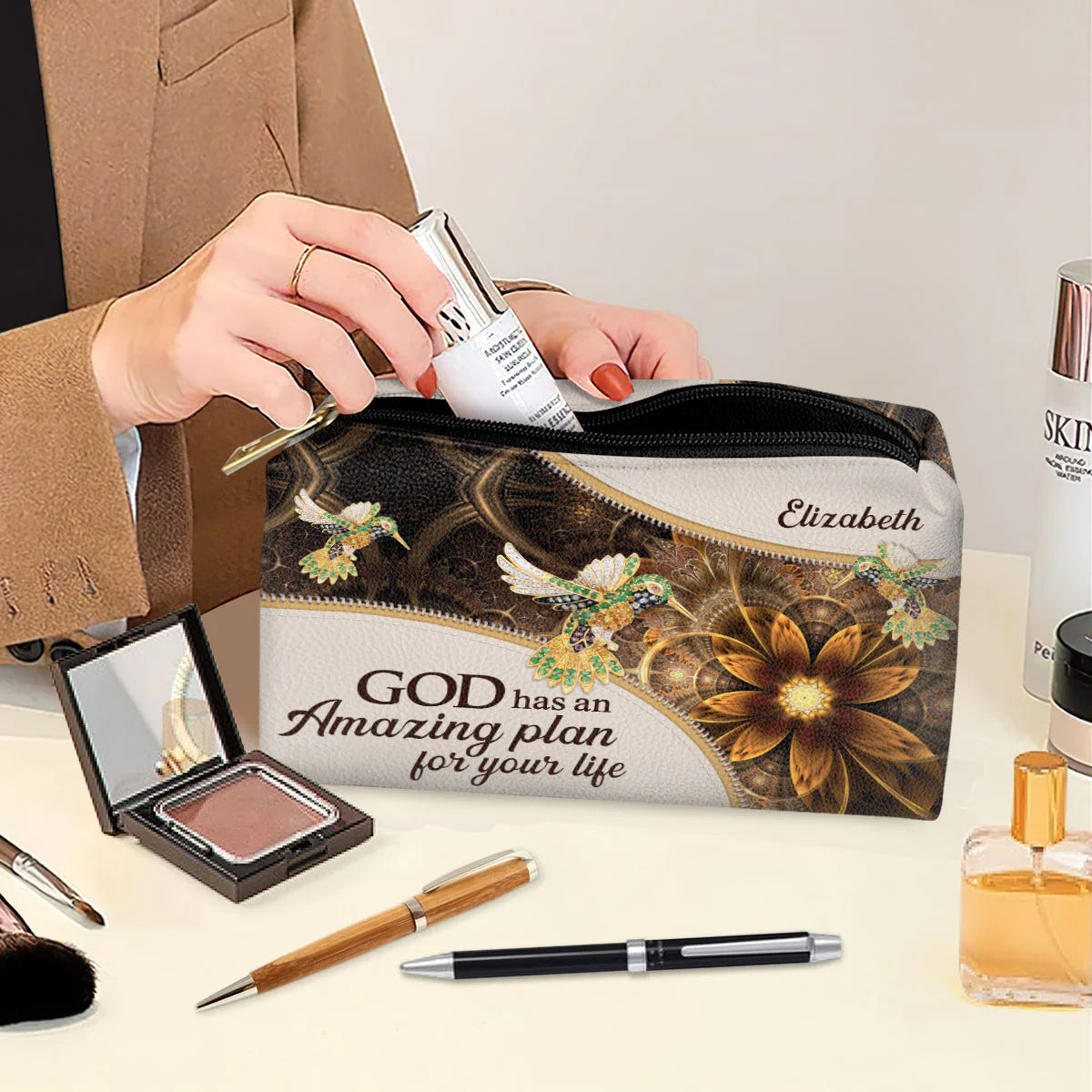 God Has An Amazing Plan Leather Cosmetic Bag