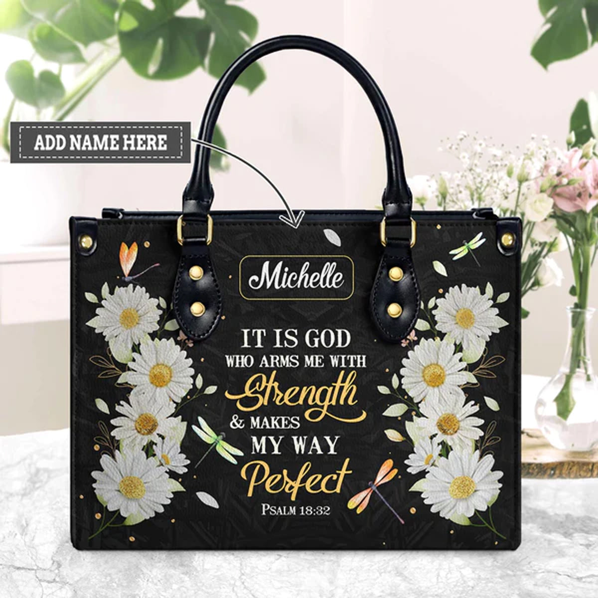 Psalm 18:32 Daisy Dragonfly Leather Tote Bag