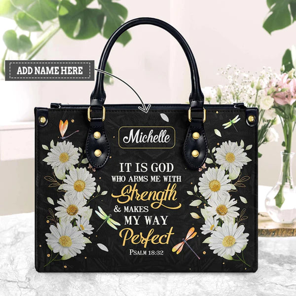 Psalm 18:32 Daisy Dragonfly Leather Tote Bag