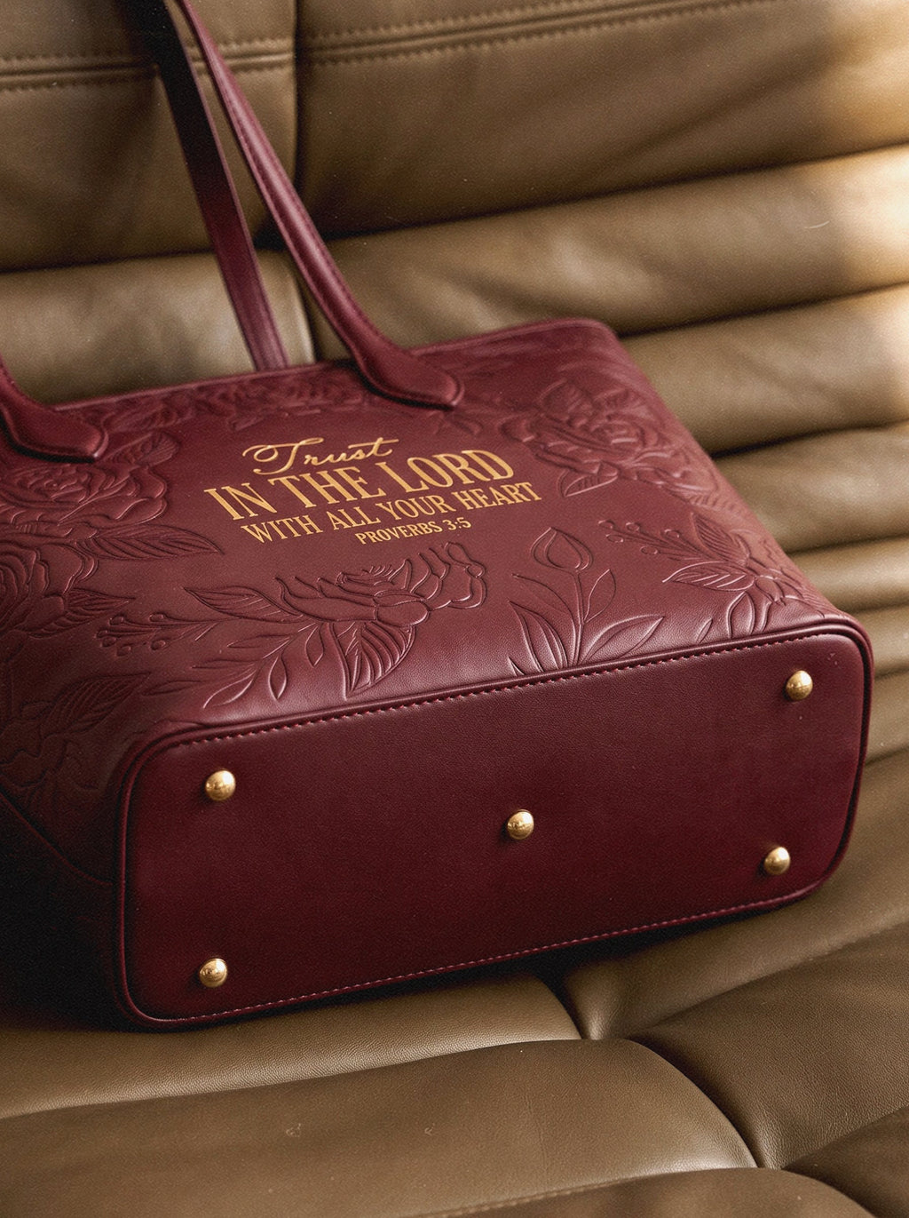Proverbs 3:5 Cherry Wine Embossed Vegan Tote