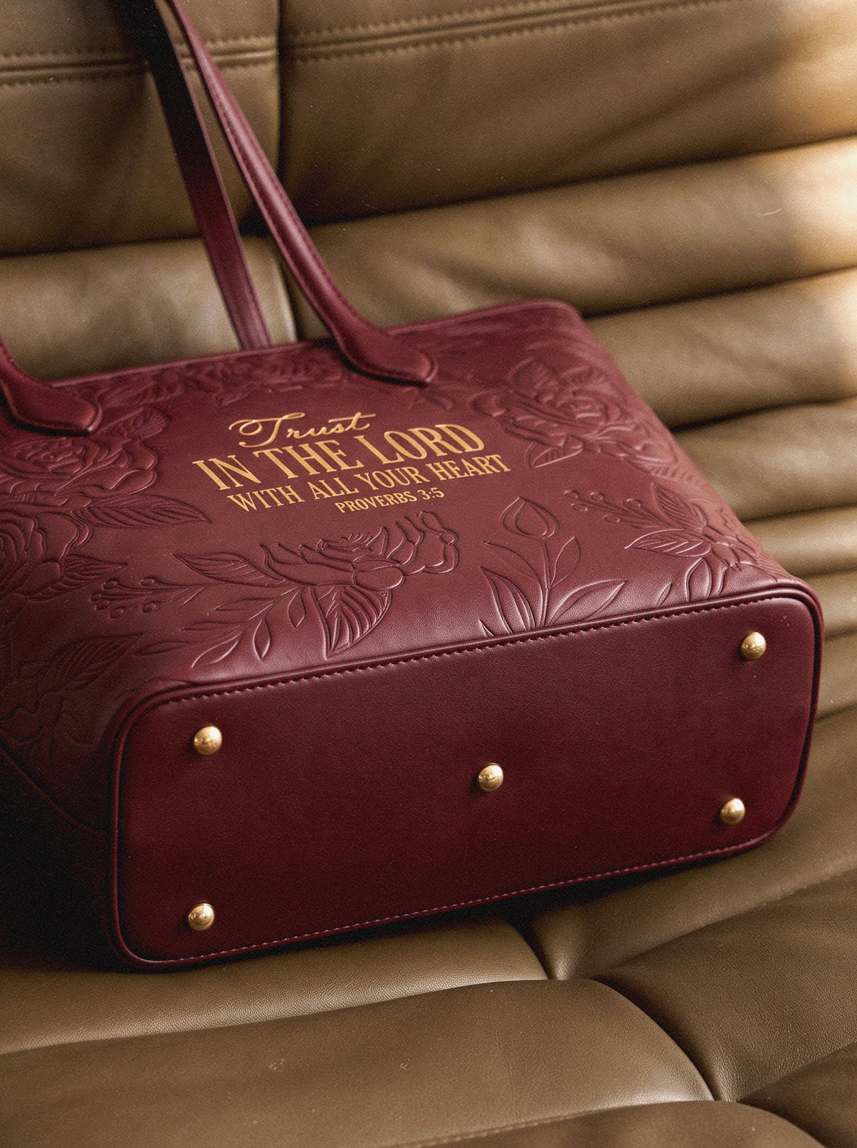 Proverbs 3:5 Cherry Wine Embossed Vegan Tote