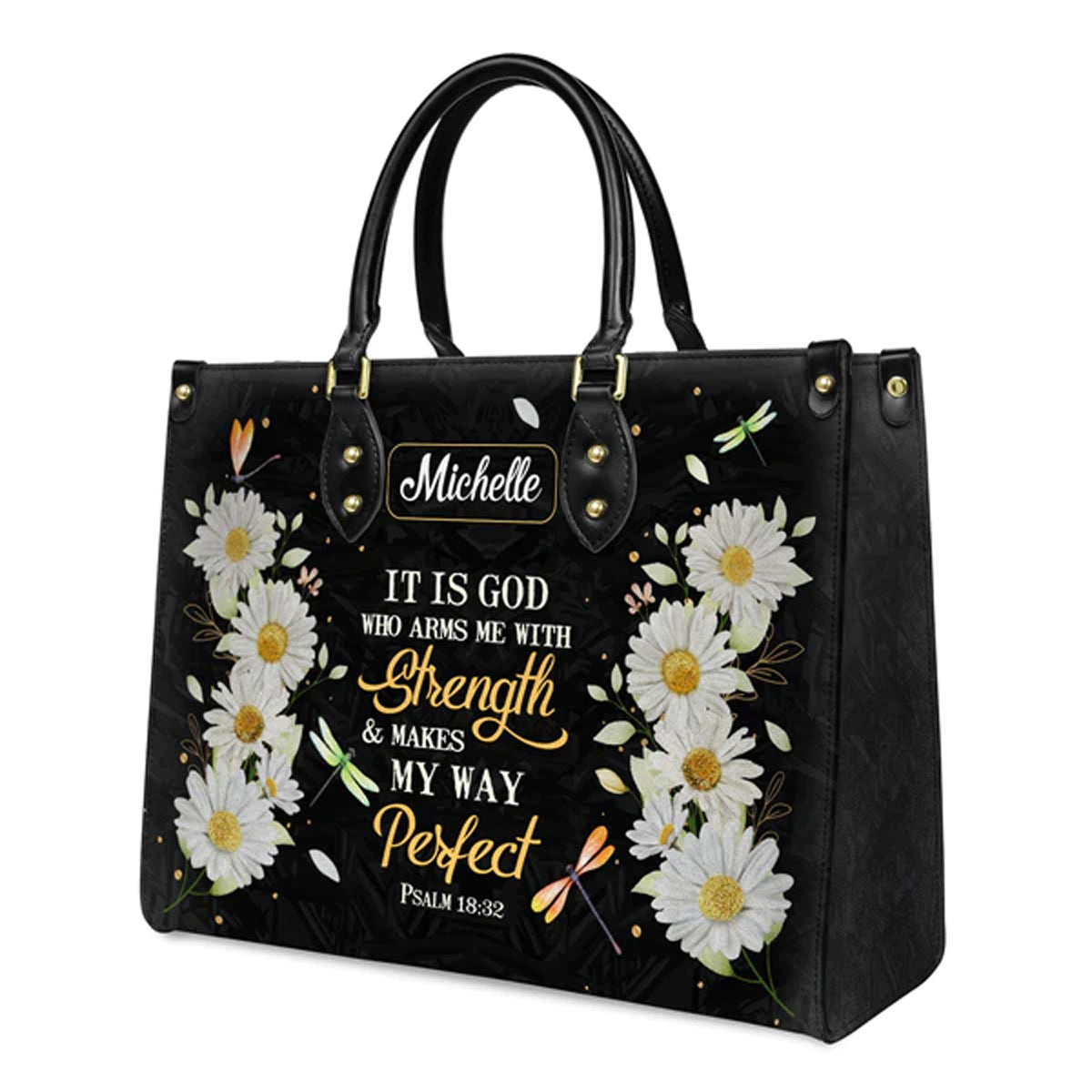 Psalm 18:32 Daisy Dragonfly Leather Tote Bag