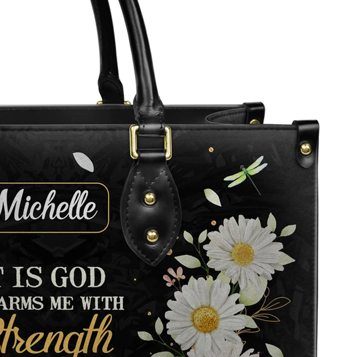 Psalm 18:32 Daisy Dragonfly Leather Tote Bag
