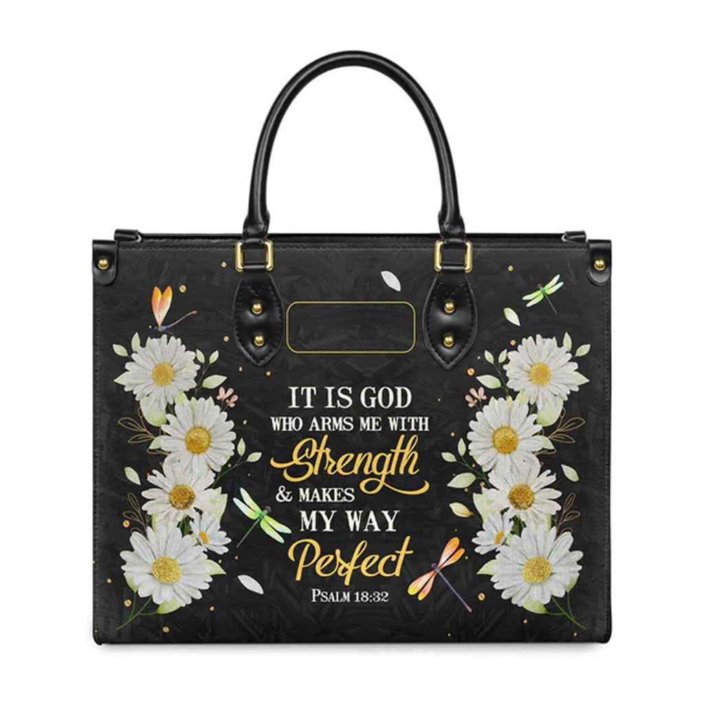 Psalm 18:32 Daisy Dragonfly Leather Tote Bag