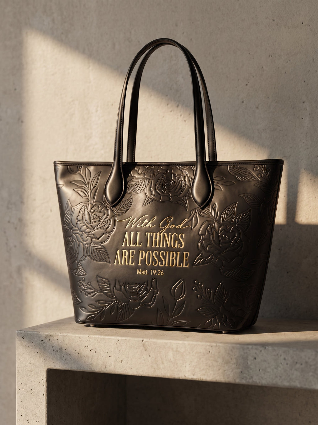 Matt 19:26 Black Embossed Vegan Leather Tote