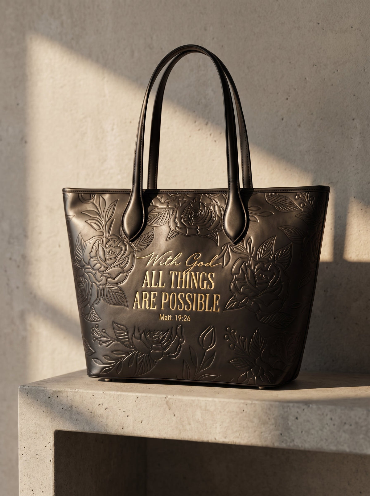 Matt 19:26 Black Embossed Vegan Leather Tote