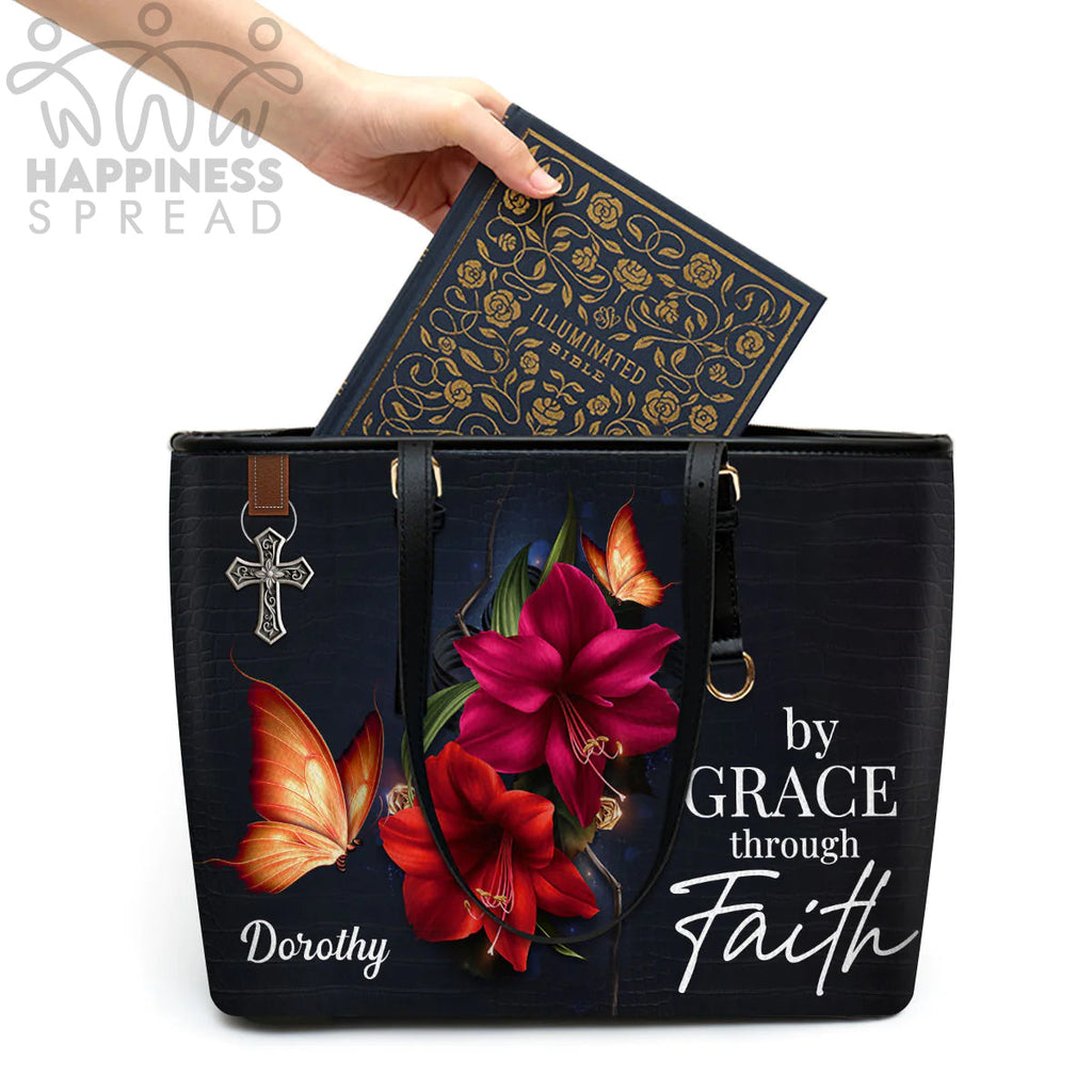 Personalized By Grace Through Faith Leather Tote