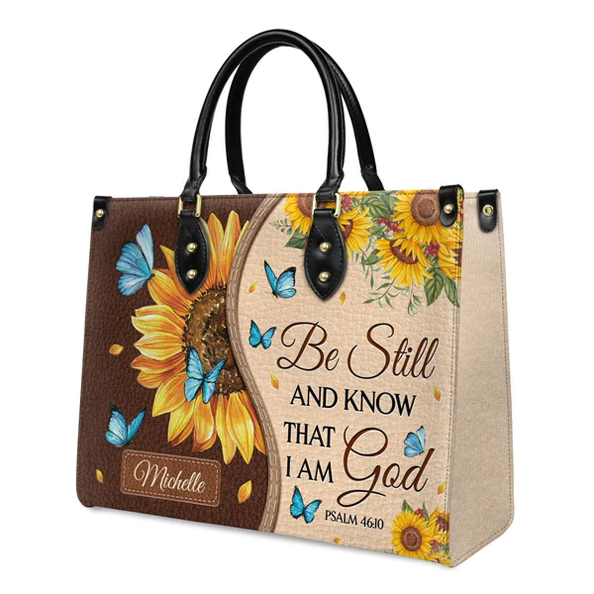 Psalm 46:10 Sunflower Butterfly Leather Tote