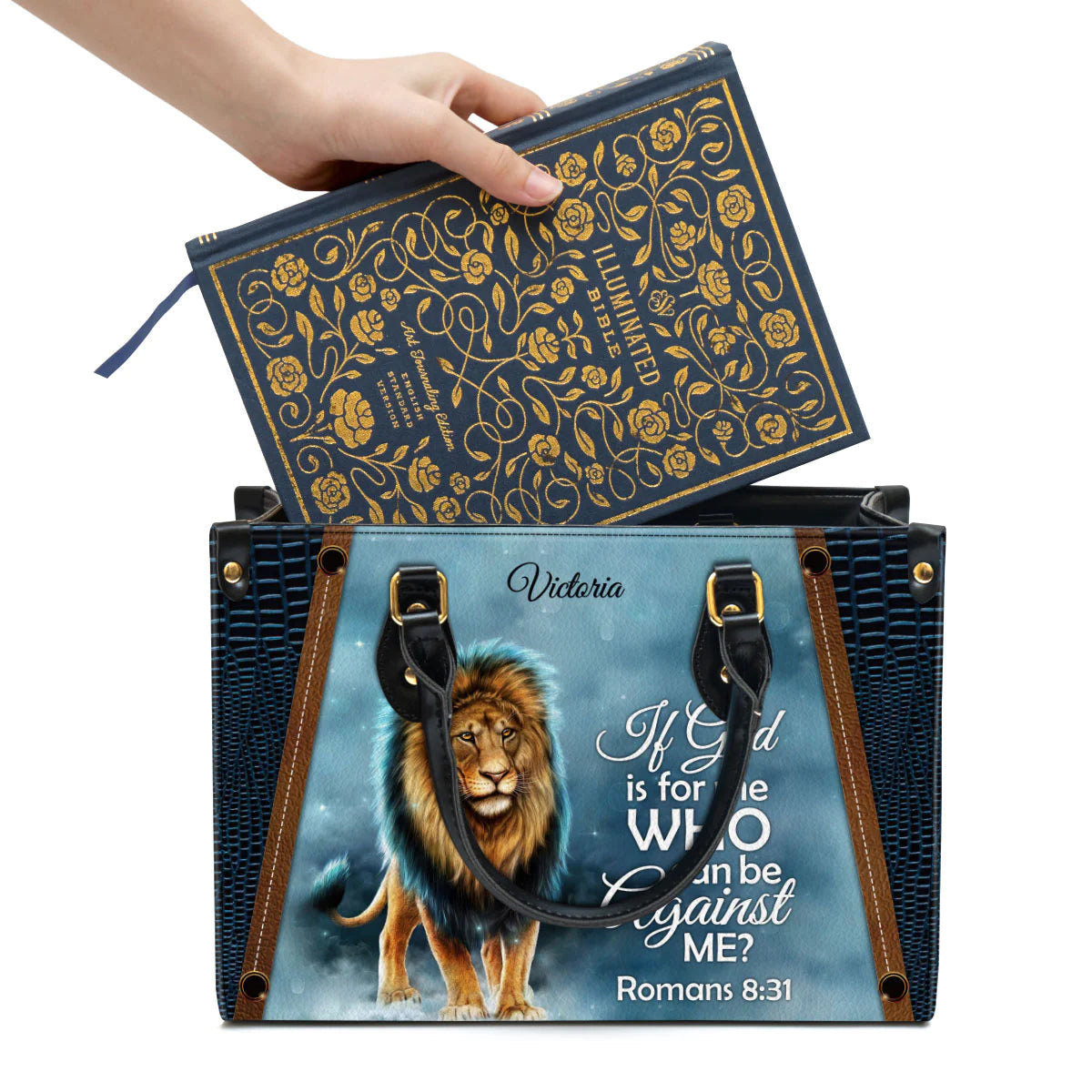 Romans 8:31 Personalized Leather Tote Bag