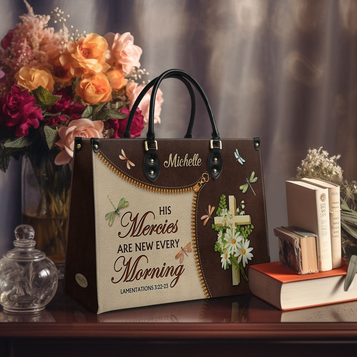 His Mercies Are New Dragonfly Daisy Leather Bag