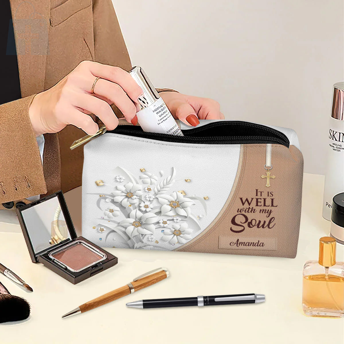 It Is Well With My Soul Leather Cosmetic Bag
