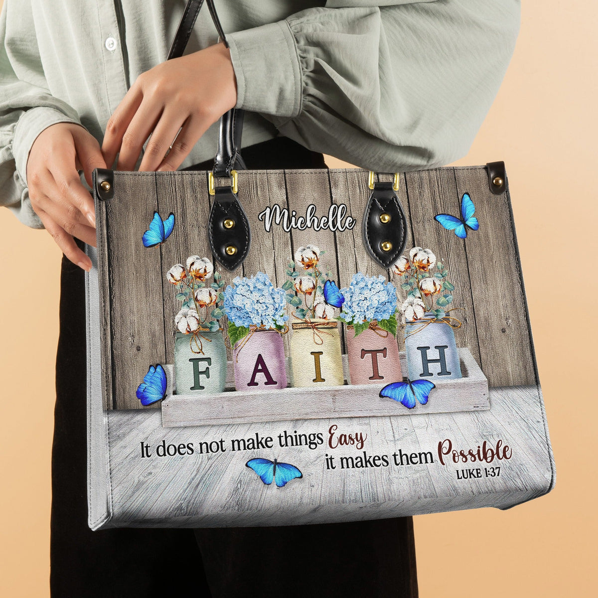 Personalized Faith Butterfly Leather Handbag