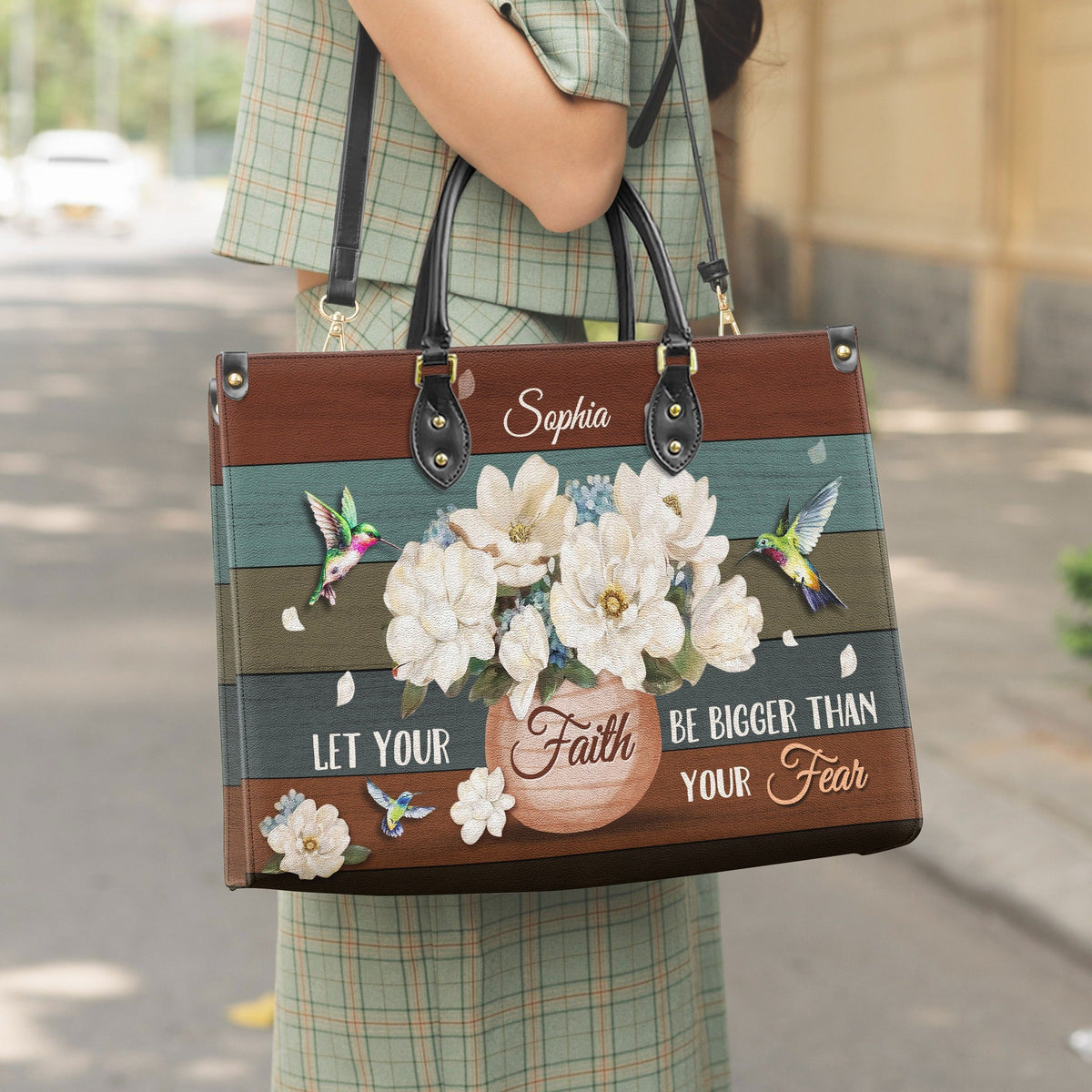 Faith Over Fear Hummingbird Leather Handbag