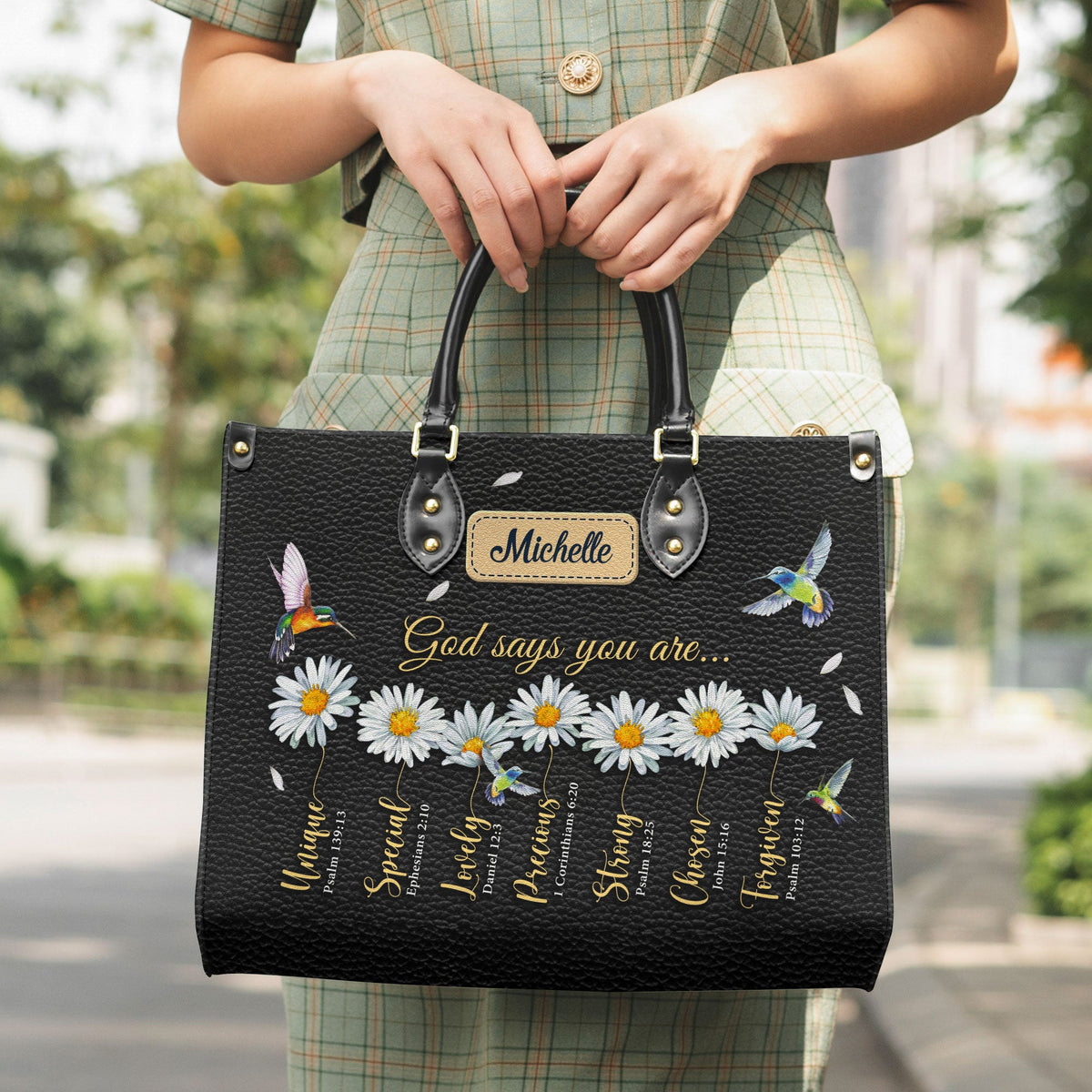 Psalm 18:32 Daisy Dragonfly Leather Handbag