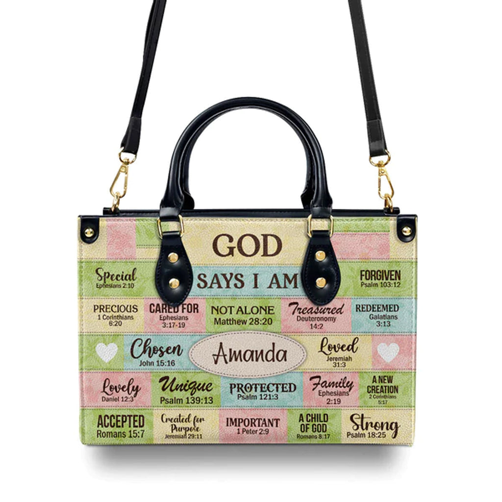 God Says I Am Personalized Leather Tote Bag