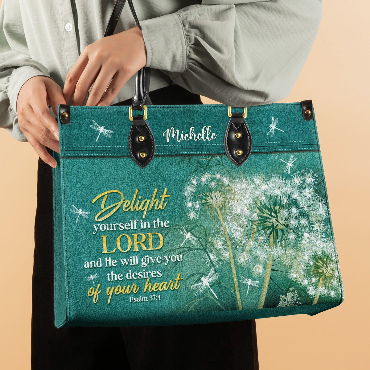 Psalm 37:4 Dandelion Dragonfly Leather Handbag