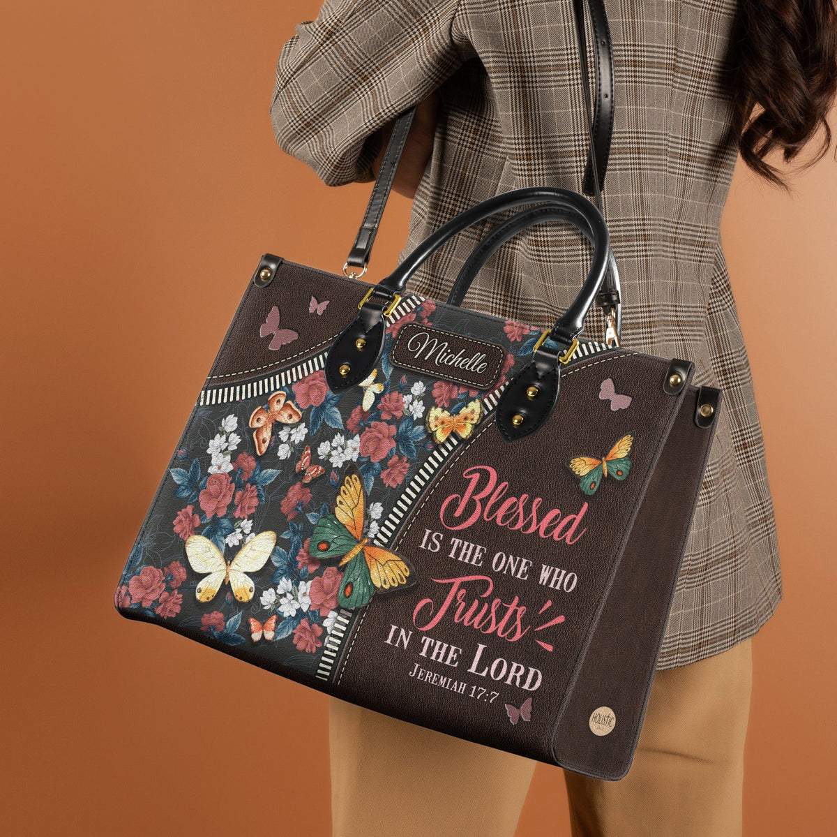 Jeremiah 17:7 Butterfly Floral Leather Handbag