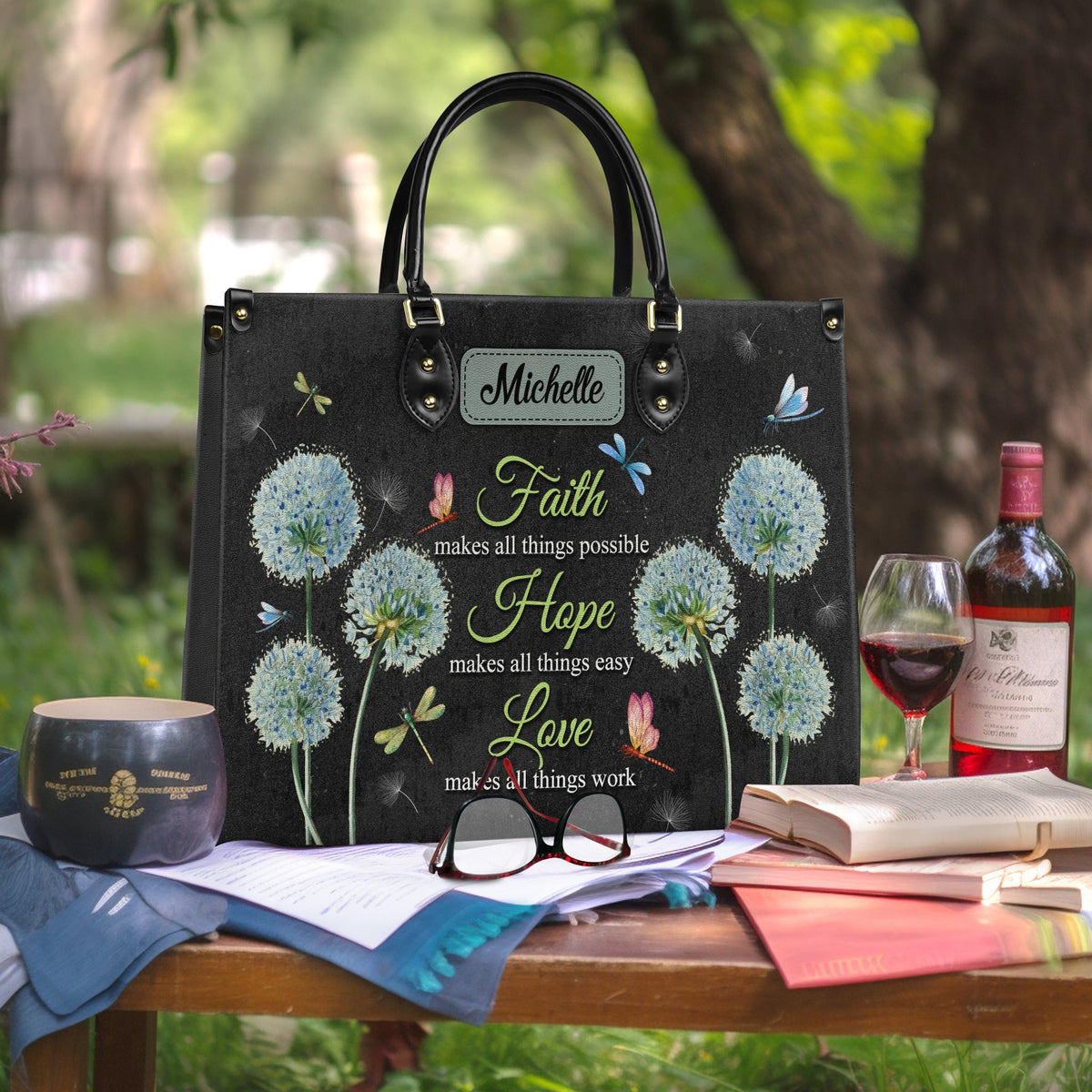 Faith Dandelion Dragonfly Leather Handbag