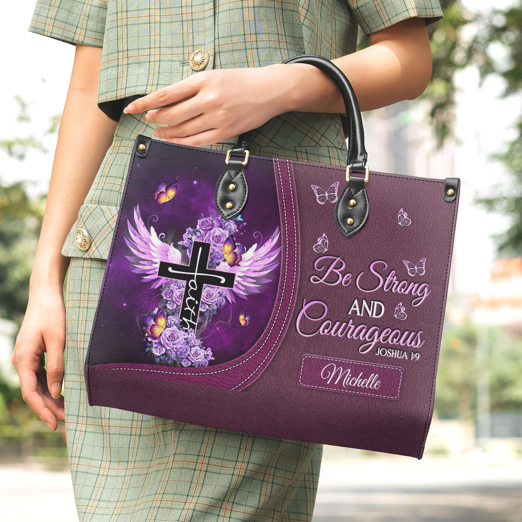 Joshua 1:9 Butterfly Purple Rose Leather Handbag