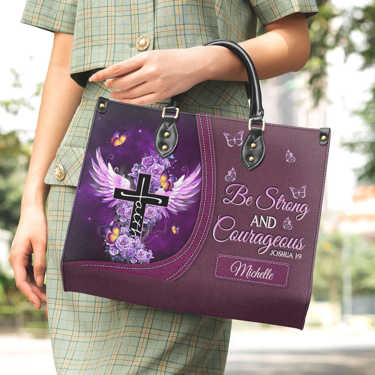Joshua 1:9 Butterfly Purple Rose Leather Handbag