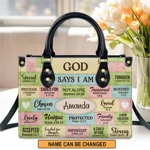 God Says I Am Personalized Leather Tote Bag