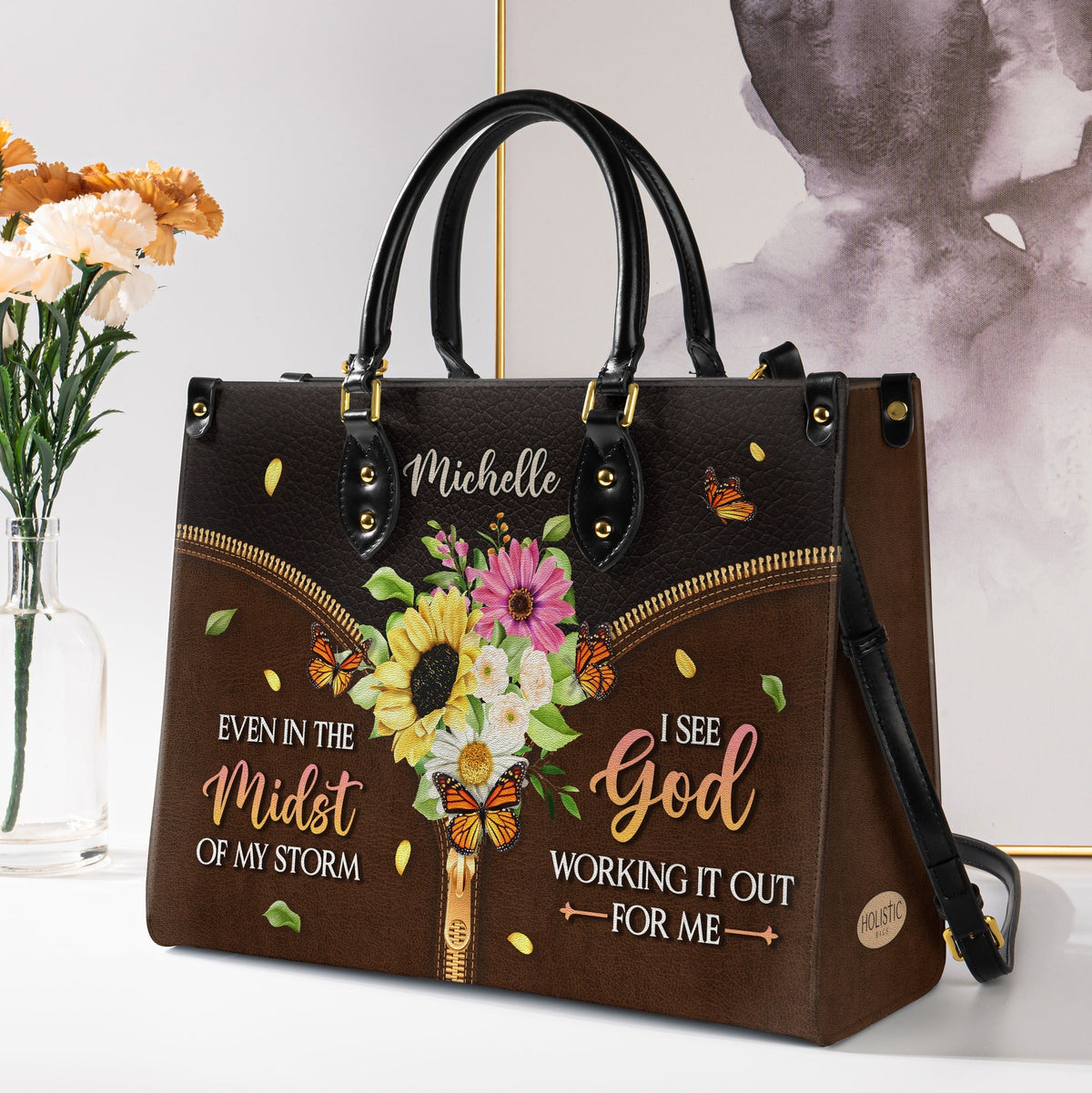 Inspirational Butterfly Flower Leather Bag