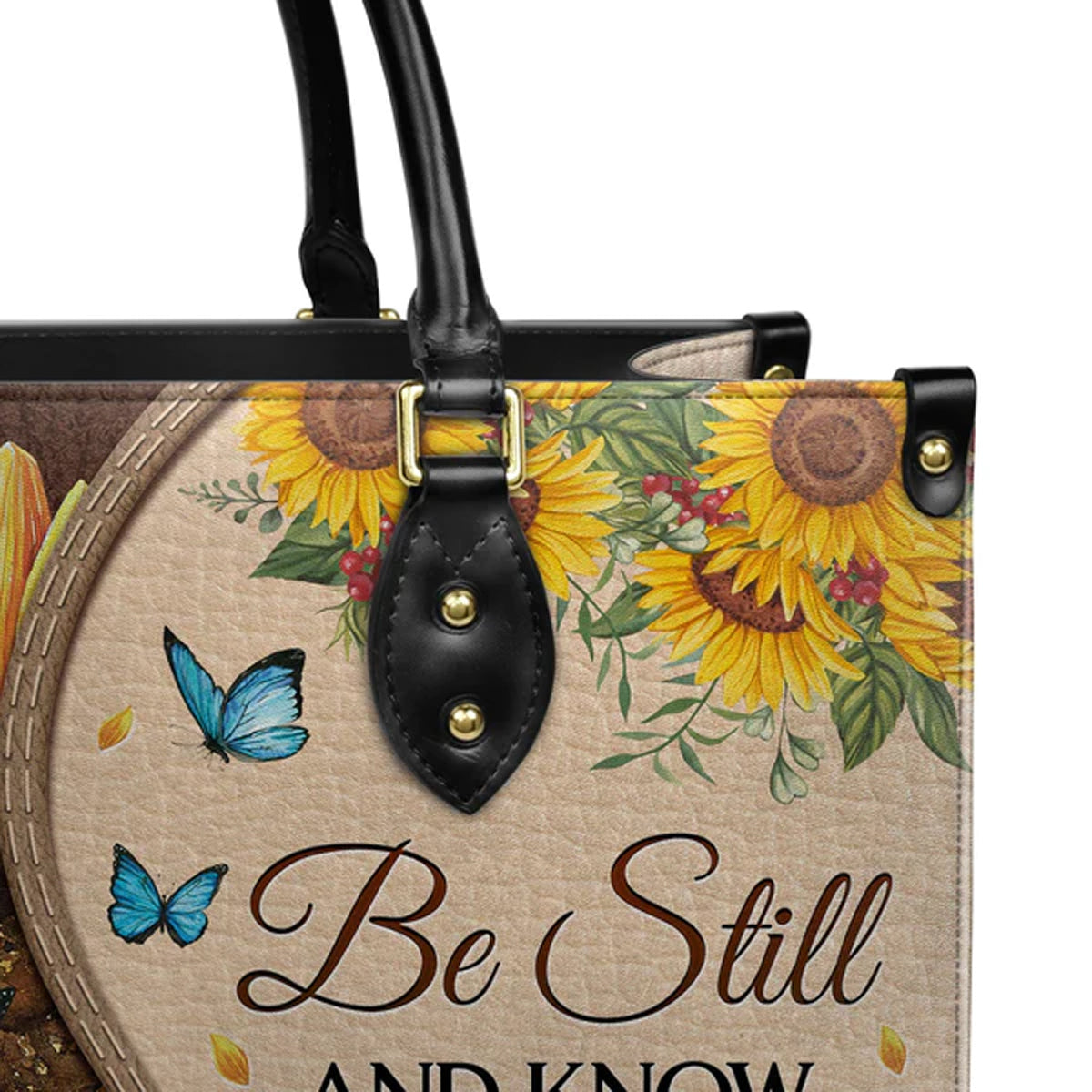 Psalm 46:10 Sunflower Butterfly Leather Tote