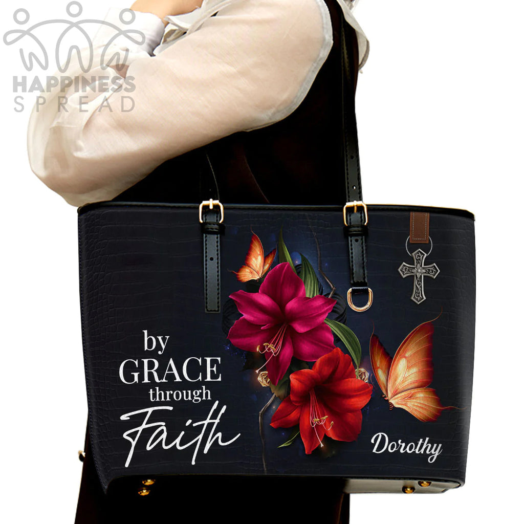 Personalized By Grace Through Faith Leather Tote
