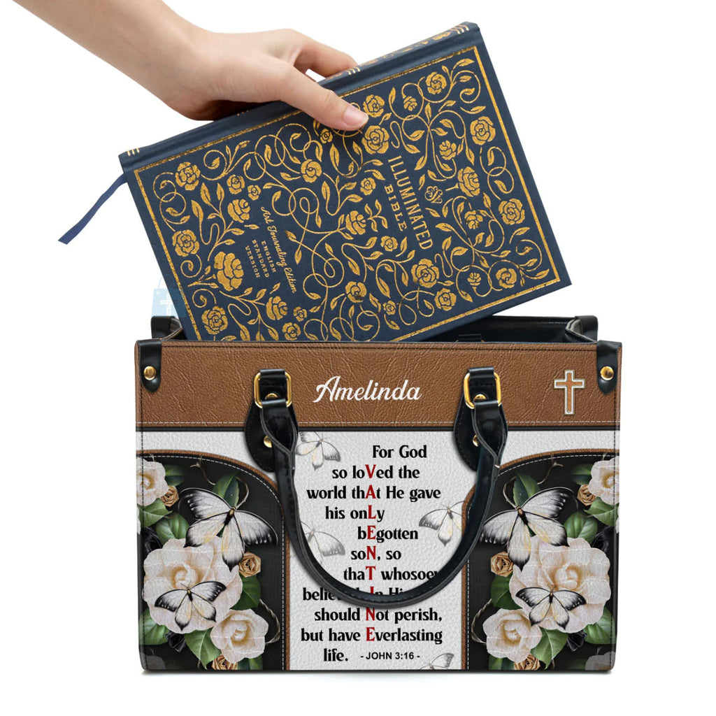 Personalized John 3:16 Christian Leather Tote