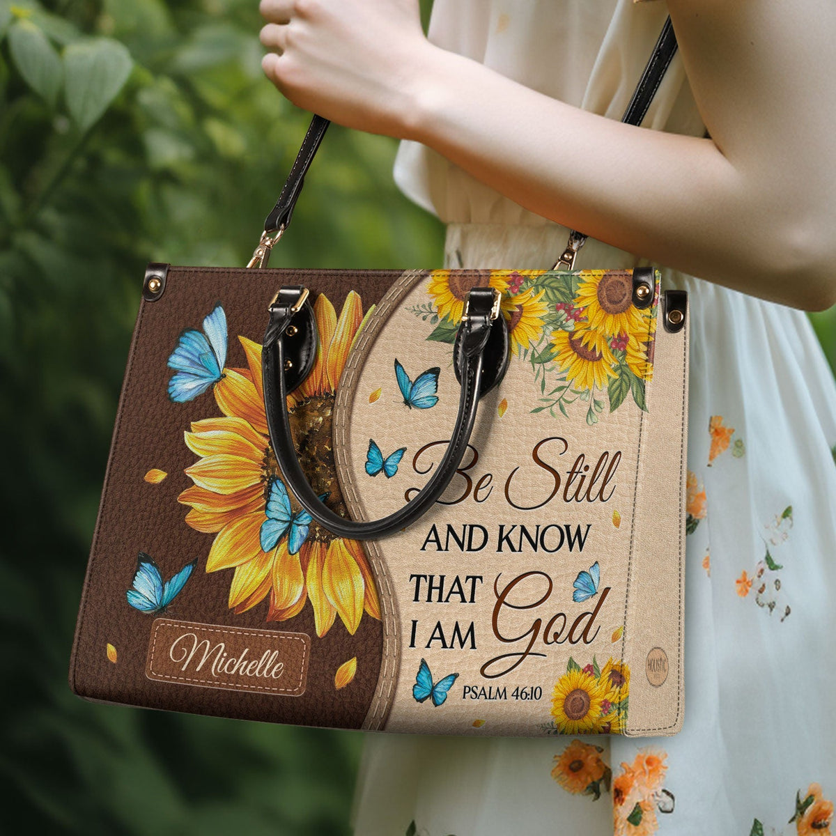 Psalm 46:10 Sunflower Butterfly Leather Handbag