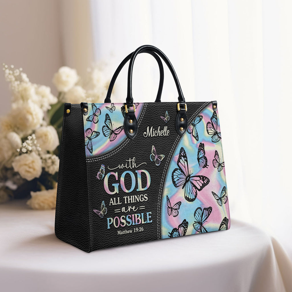 With God Butterfly Hologram Leather Handbag