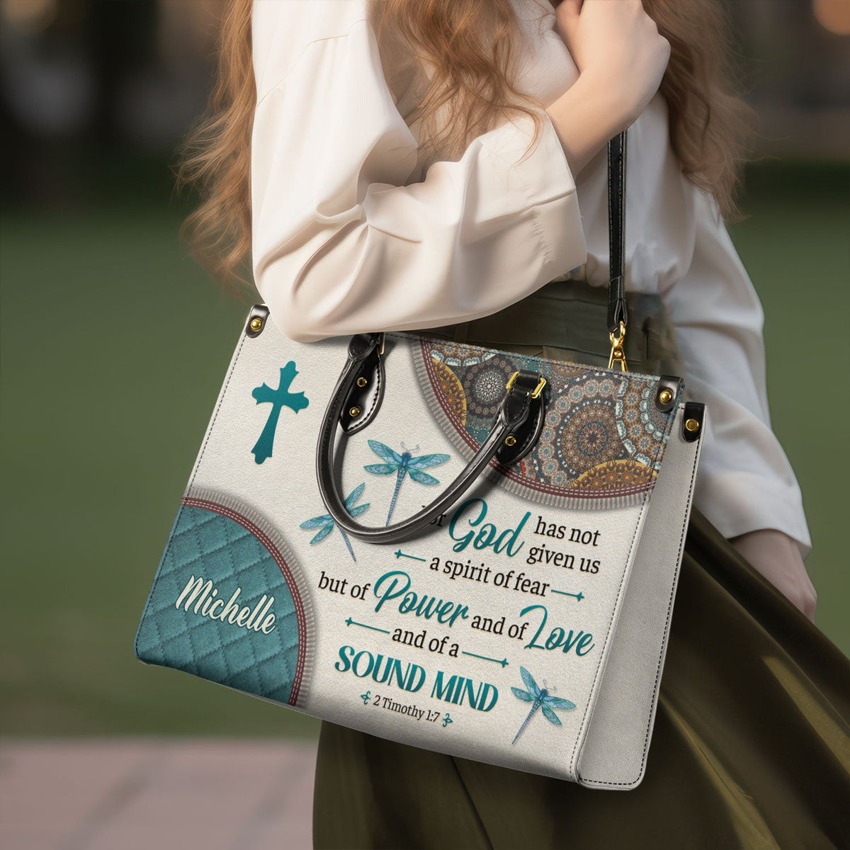 2 Timothy 1:7 Dragonfly Mandala Leather Handbag