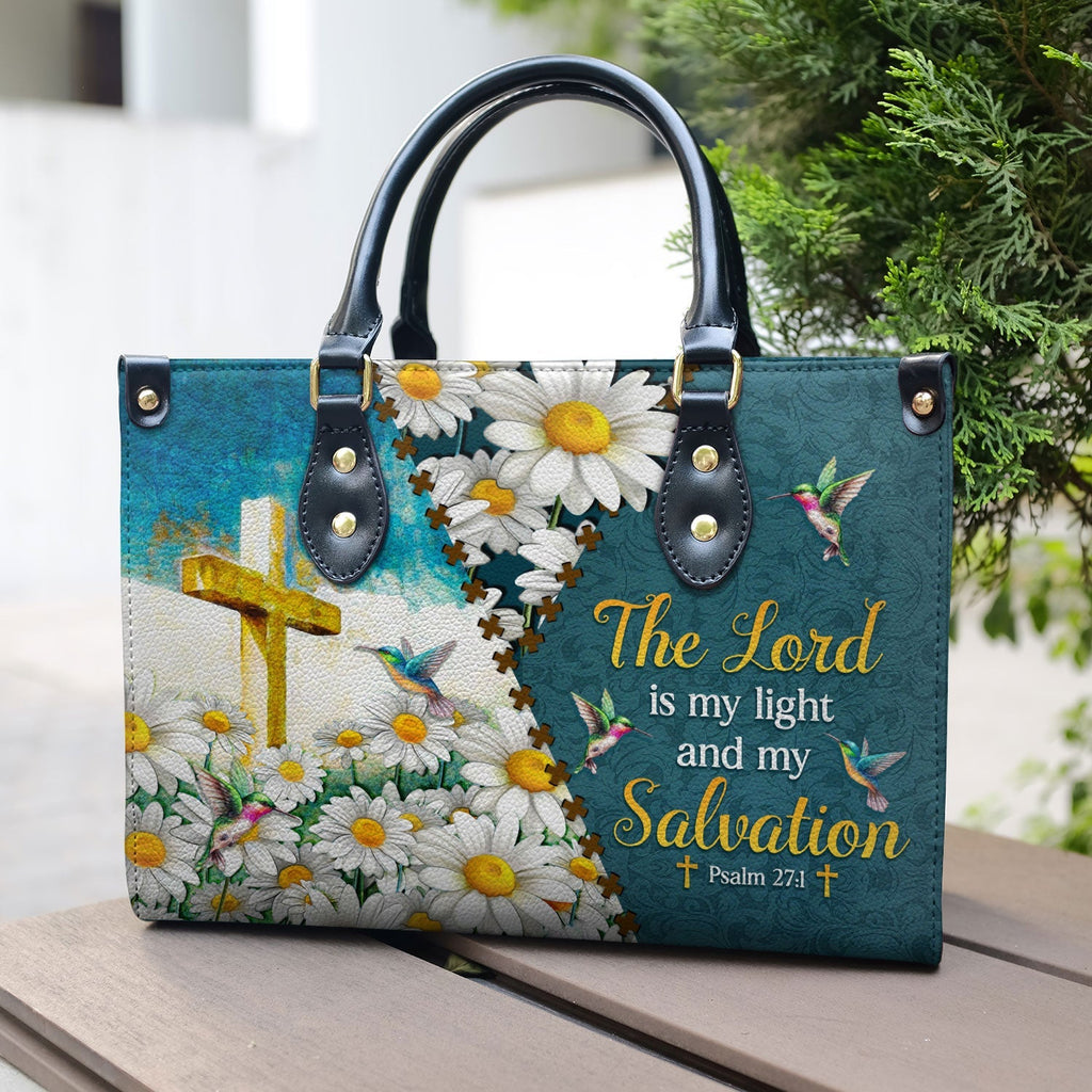 Psalm 27:1 Hummingbird Daisy Leather Handbag