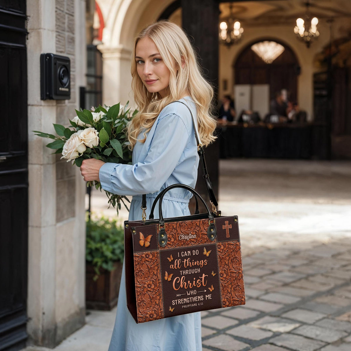 Philippians 4:13 Butterfly Leather Handbag