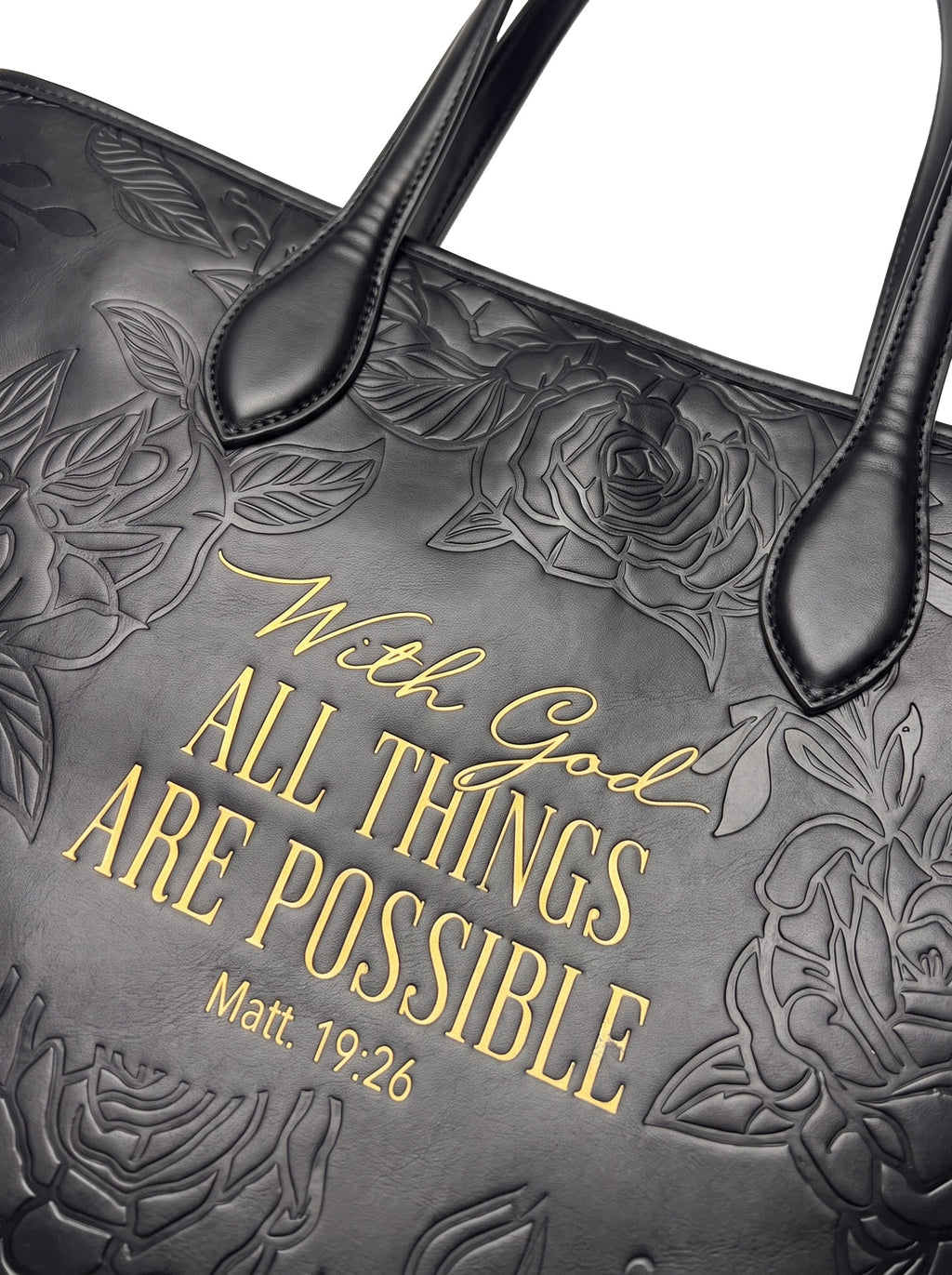 Matt 19:26 Black Embossed Vegan Leather Tote