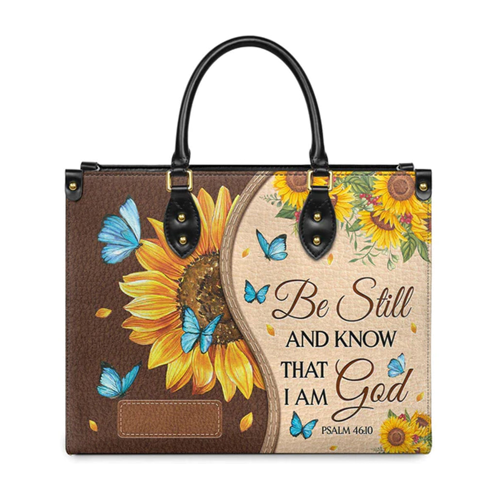 Psalm 46:10 Sunflower Butterfly Leather Tote