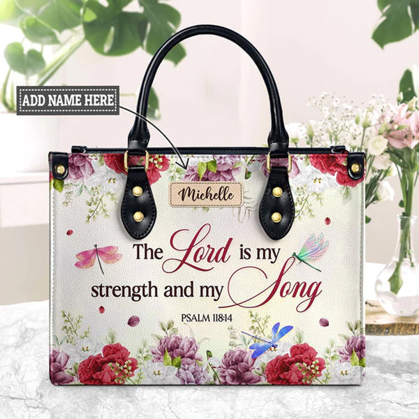 Psalm 118:14 Dragonfly Floral Leather Tote Bag