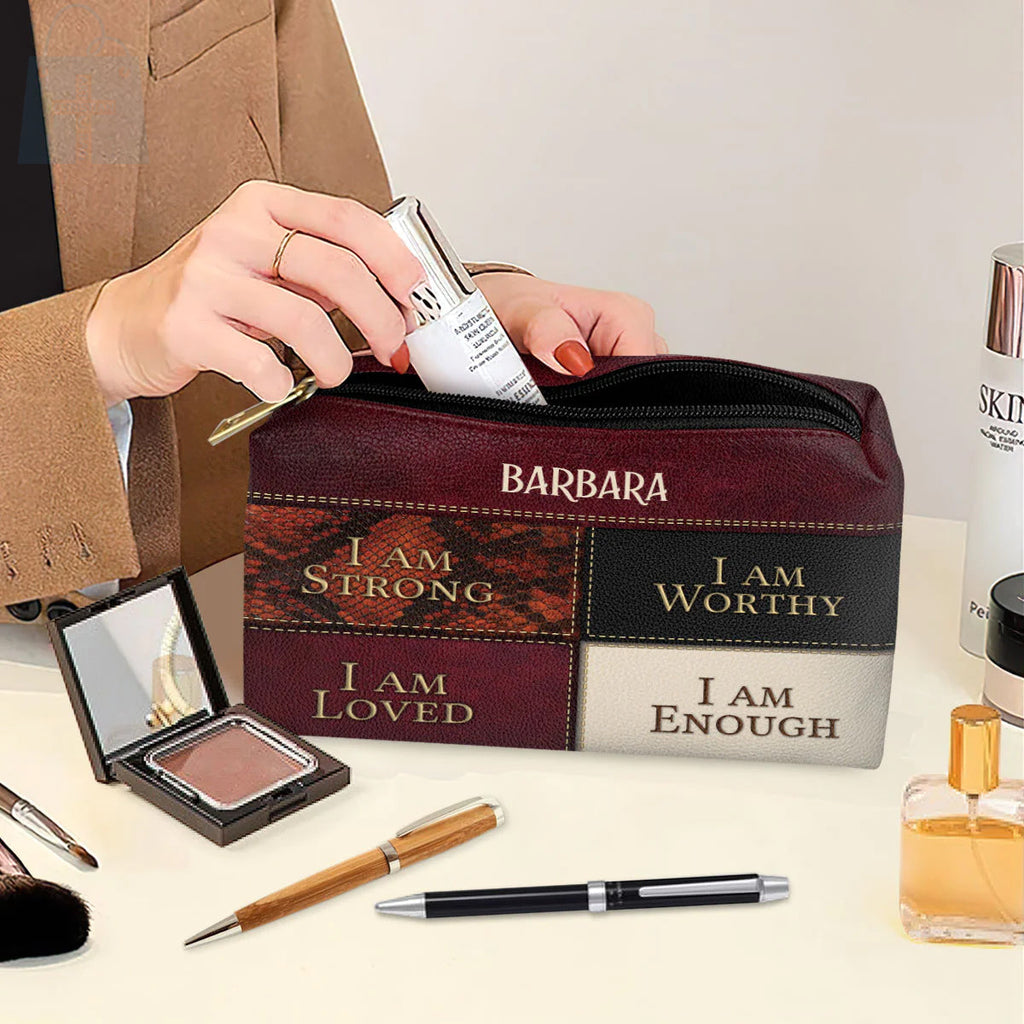 I Am Strong Personalized Leather Cosmetic Bag